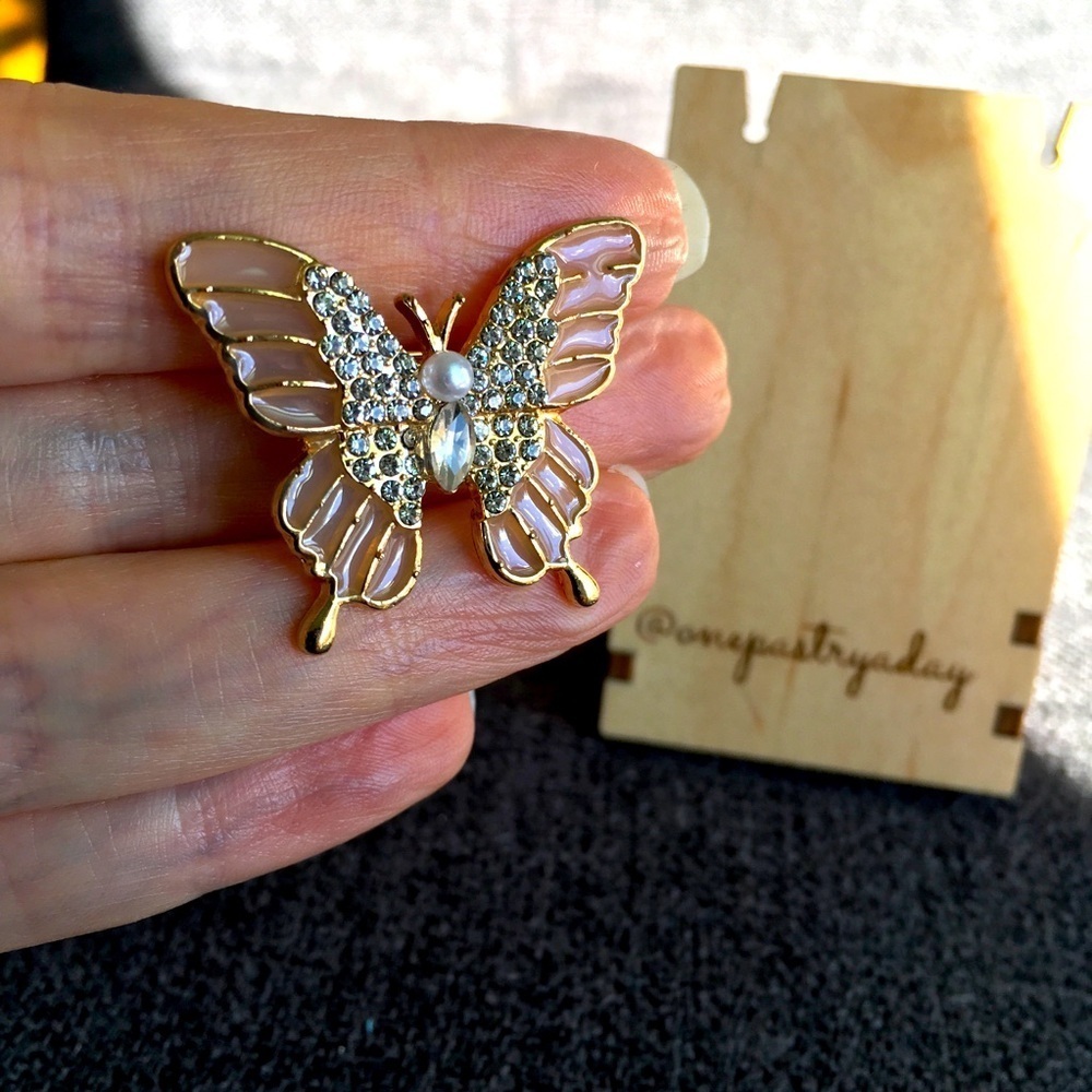 Butterfly Blush Enamel, Pearl + Rhinestone Fashion Brooch, Pin, Festive, Sparkly